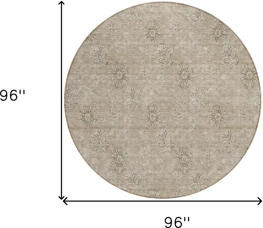 8' Khaki Beige And Tan Round Floral Washable Indoor Outdoor Area Rug Photo 3