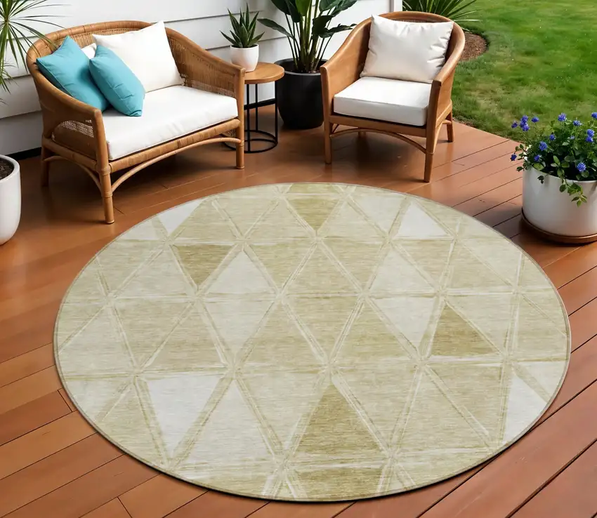 8' Khaki Beige And Tan Round Geometric Washable Indoor Outdoor Area Rug Photo 1