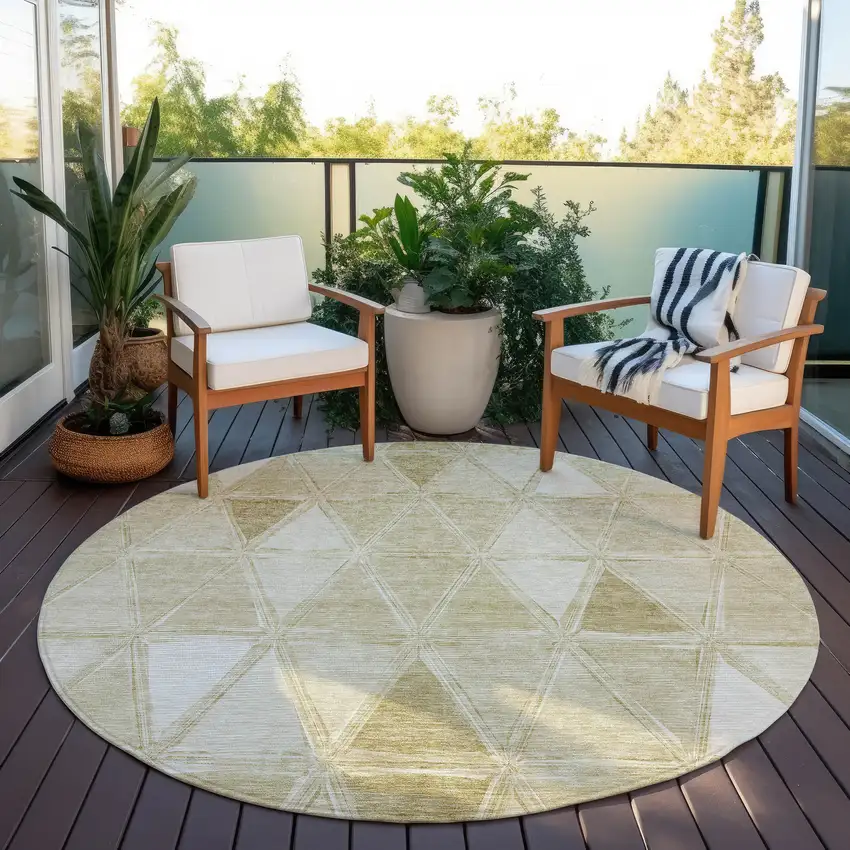8' Khaki Beige And Tan Round Geometric Washable Indoor Outdoor Area Rug Photo 8