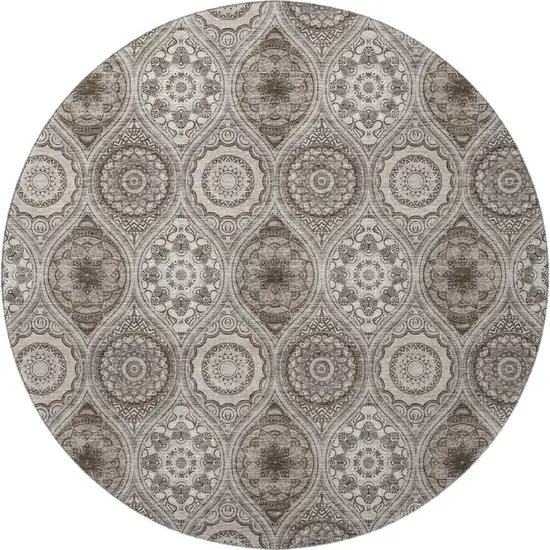 8' Khaki Beige And Taupe Ogee Washable Round Rug With UV Protection Photo 2