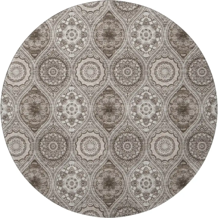 8' Khaki Beige And Taupe Ogee Washable Round Rug With UV Protection Photo 2