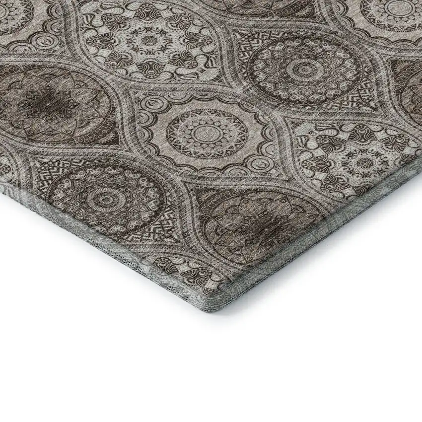 8' Khaki Beige And Taupe Ogee Washable Round Rug With UV Protection Photo 5