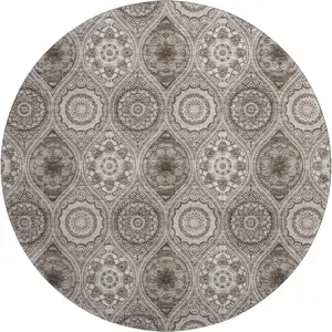Photo of 8' Khaki Beige And Taupe Ogee Washable Round Rug With UV Protection