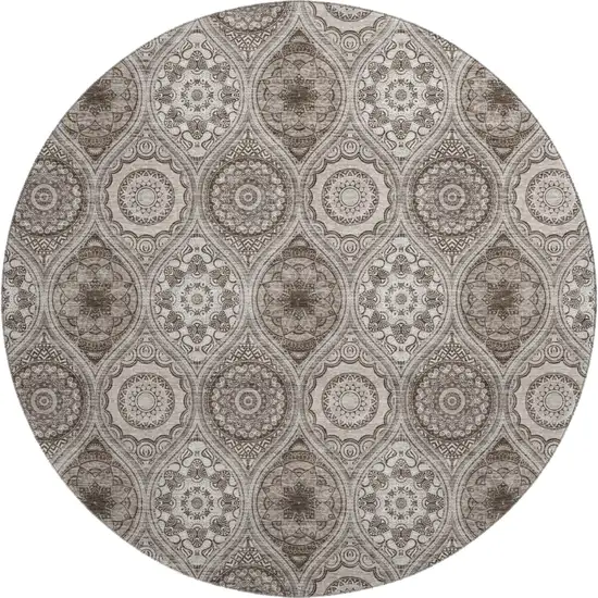 8' Khaki Beige And Taupe Ogee Washable Round Rug With UV Protection Photo 1