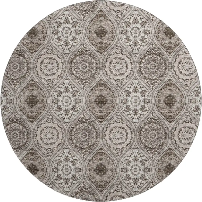8' Khaki Beige And Taupe Ogee Washable Round Rug With UV Protection Photo 1