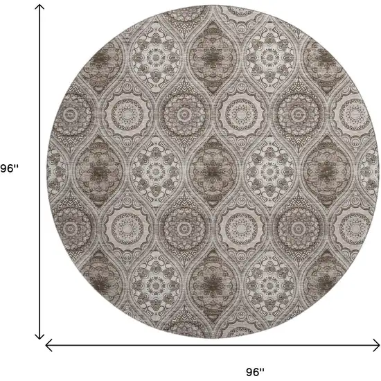 8' Khaki Beige And Taupe Ogee Washable Round Rug With UV Protection Photo 8