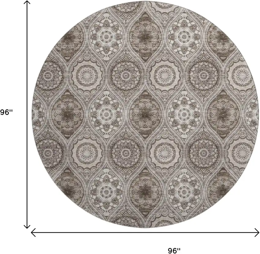 8' Khaki Beige And Taupe Ogee Washable Round Rug With UV Protection Photo 8