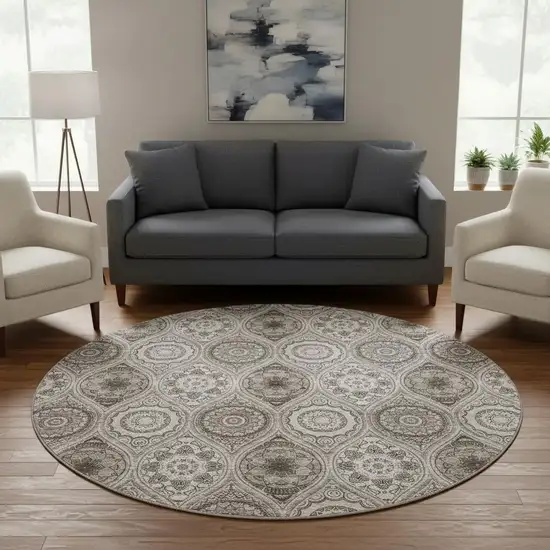 8' Khaki Beige And Taupe Ogee Washable Round Rug With UV Protection Photo 2