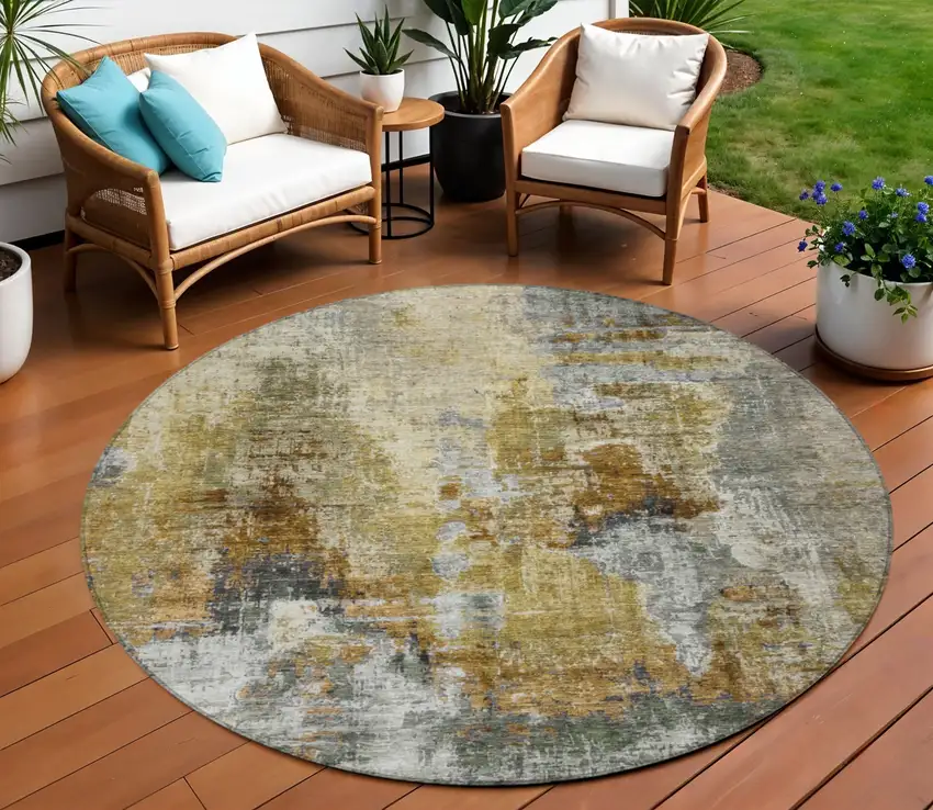 8' Khaki Beige And Taupe Round Abstract Washable Indoor Outdoor Area Rug Photo 1