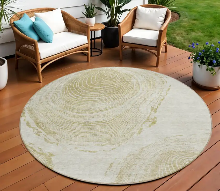 8' Khaki Beige And Taupe Round Abstract Washable Indoor Outdoor Area Rug Photo 1