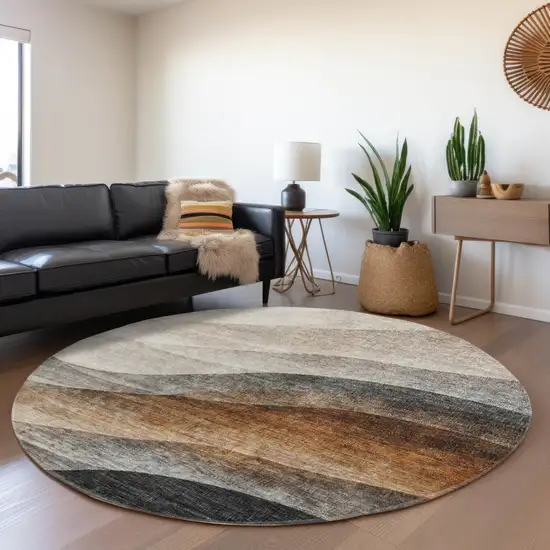 8' Khaki Black And Terra Cotta Round Abstract Washable Indoor Outdoor Area Rug Photo 7