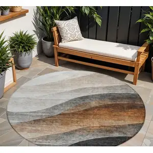 Photo of 8' Khaki Black And Terra Cotta Round Abstract Washable Indoor Outdoor Area Rug