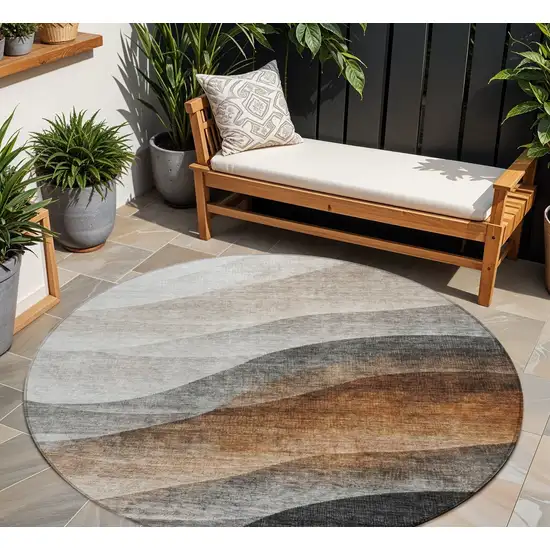 8' Khaki Black And Terra Cotta Round Abstract Washable Indoor Outdoor Area Rug Photo 1