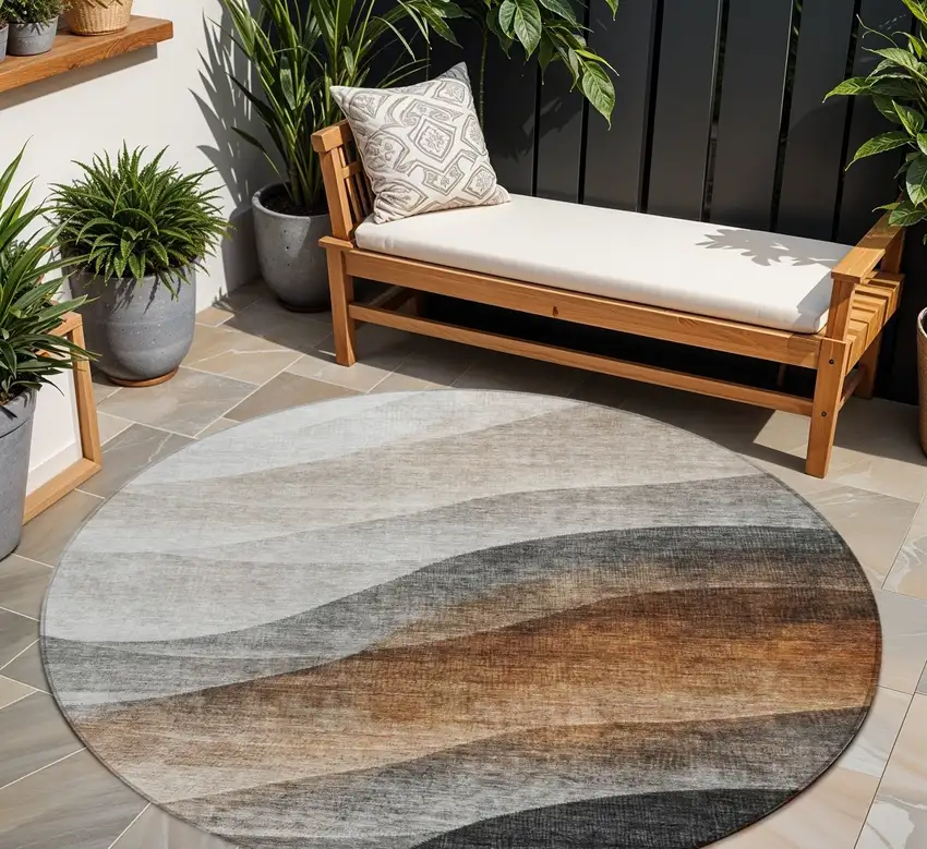 8' Khaki Black And Terra Cotta Round Abstract Washable Indoor Outdoor Area Rug Photo 1