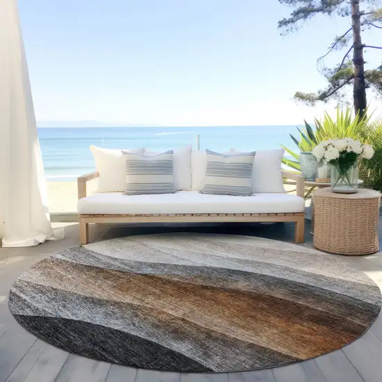 8' Khaki Black And Terra Cotta Round Abstract Washable Indoor Outdoor Area Rug Photo 6