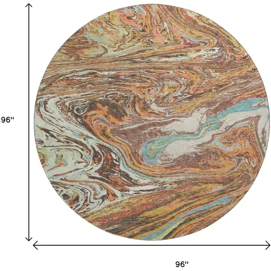 8' Khaki Blue And Copper Abstract Washable Round Rug With UV Protection Photo 8