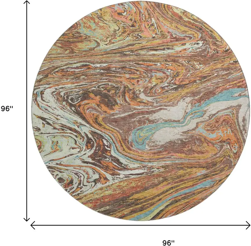 8' Khaki Blue And Copper Abstract Washable Round Rug With UV Protection Photo 8