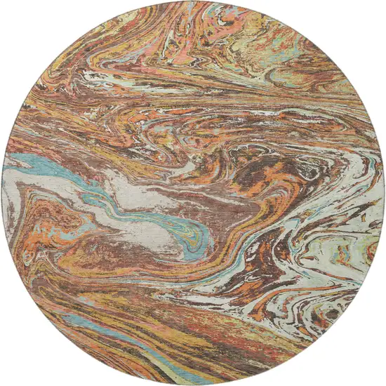 8' Khaki Blue And Copper Abstract Washable Round Rug With UV Protection Photo 2