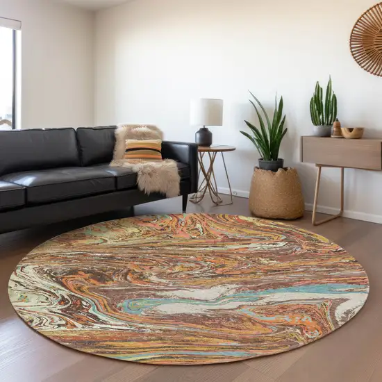 8' Khaki Blue And Copper Abstract Washable Round Rug With UV Protection Photo 3