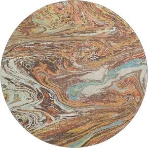 Photo of 8' Khaki Blue And Copper Abstract Washable Round Rug With UV Protection
