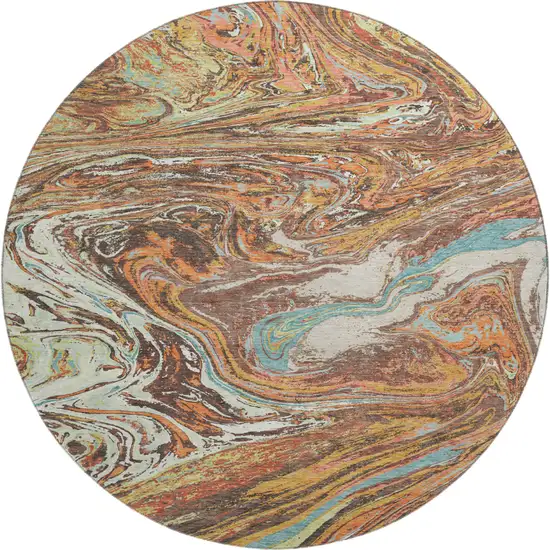 8' Khaki Blue And Copper Abstract Washable Round Rug With UV Protection Photo 1