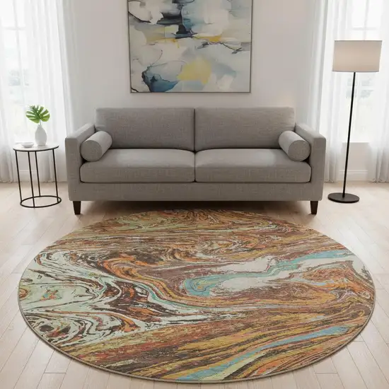 8' Khaki Blue And Copper Abstract Washable Round Rug With UV Protection Photo 2