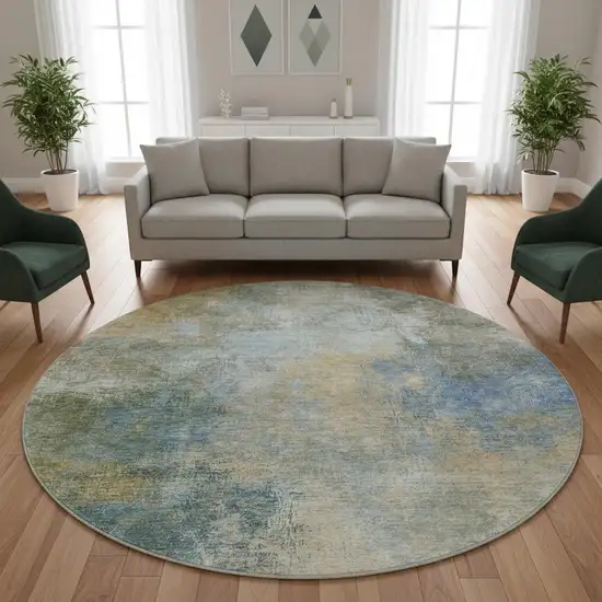 8' Khaki Blue And Gold Abstract Washable Round Rug With UV Protection Photo 2