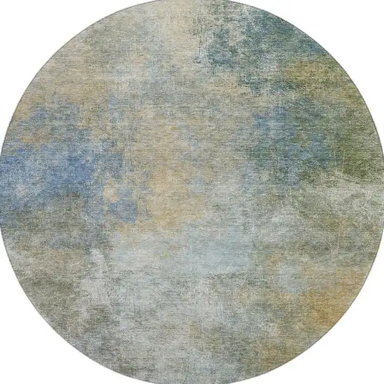8' Khaki Blue And Gold Abstract Washable Round Rug With UV Protection Photo 4
