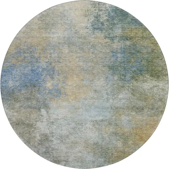 8' Khaki Blue And Gold Abstract Washable Round Rug With UV Protection Photo 1