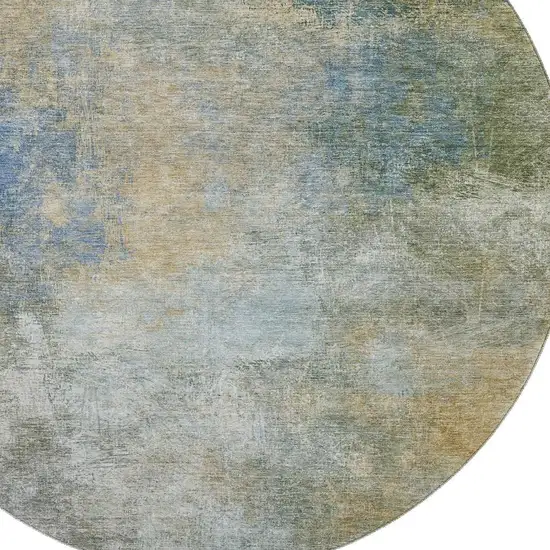 8' Khaki Blue And Gold Abstract Washable Round Rug With UV Protection Photo 3