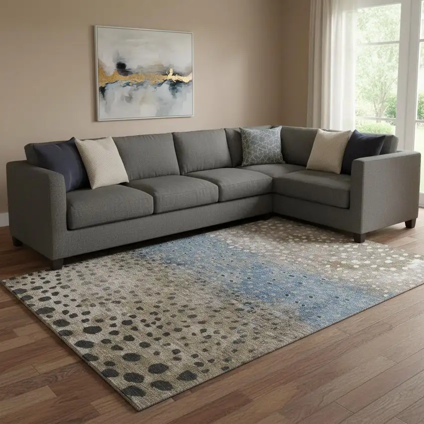 8' Khaki Blue And Ivory Polka Dot Washable Area Rug With UV Protection Photo 2