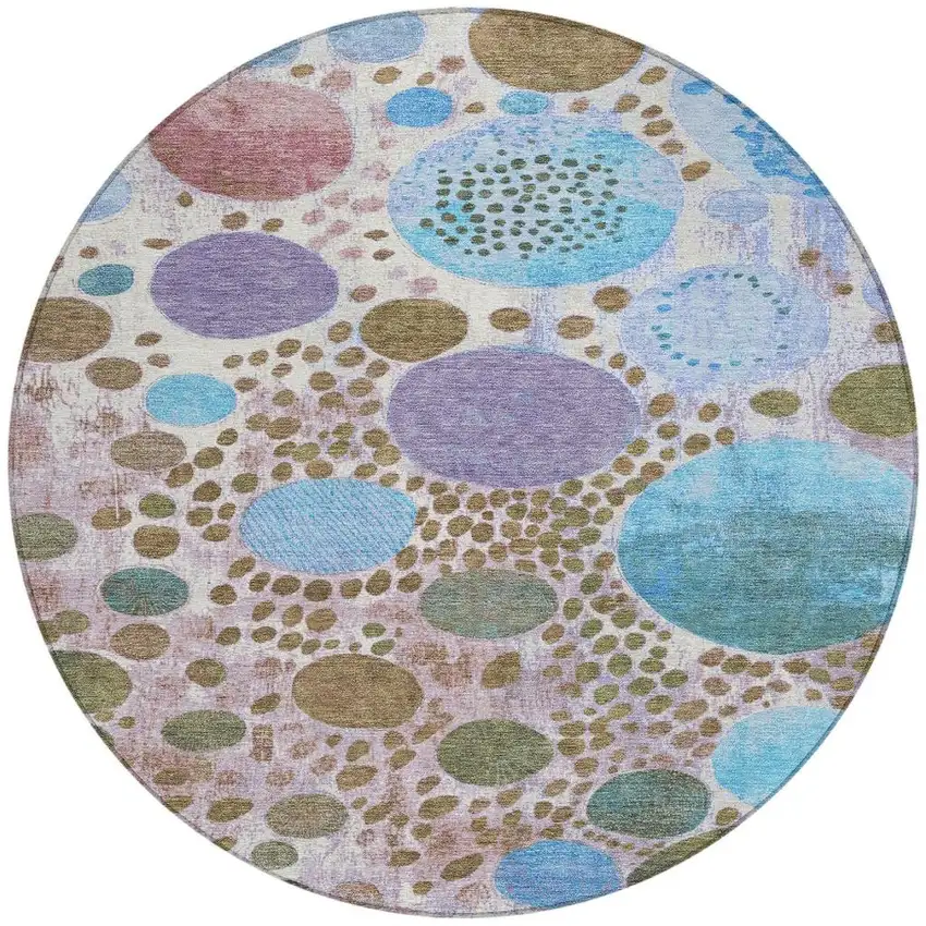 8' Khaki Blue And Purple Round Geometric Washable Indoor Outdoor Area Rug Photo 4