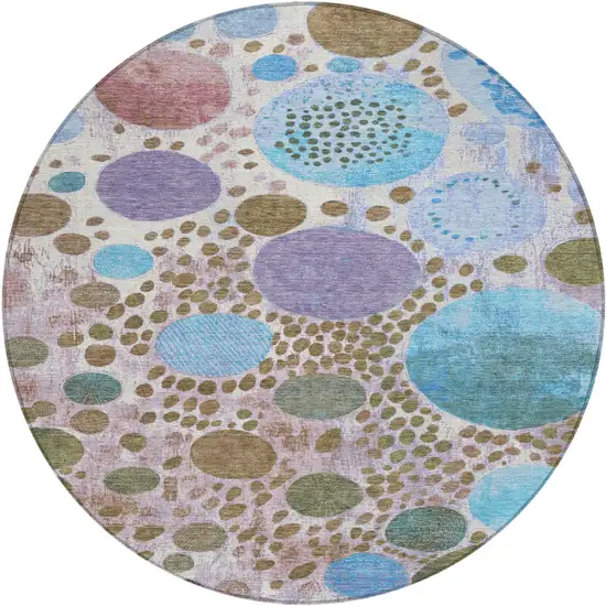 8' Khaki Blue And Purple Round Geometric Washable Indoor Outdoor Area Rug Photo 1