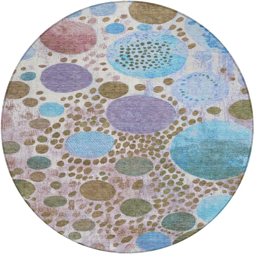 8' Khaki Blue And Purple Round Geometric Washable Indoor Outdoor Area Rug Photo 1