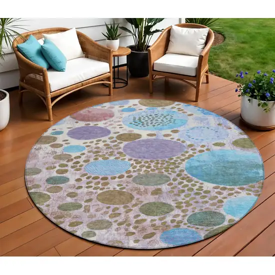 8' Khaki Blue And Purple Round Geometric Washable Indoor Outdoor Area Rug Photo 2