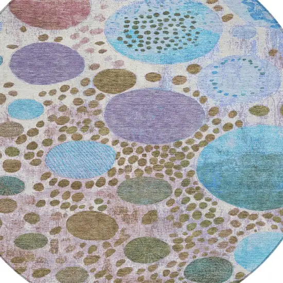 8' Khaki Blue And Purple Round Geometric Washable Indoor Outdoor Area Rug Photo 8