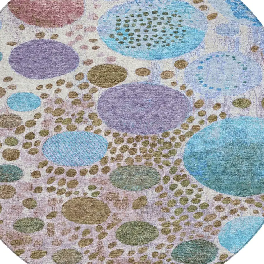 8' Khaki Blue And Purple Round Geometric Washable Indoor Outdoor Area Rug Photo 8