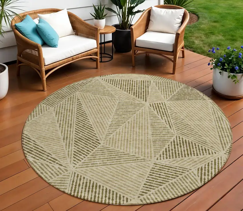 8' Khaki Brown And Beige Round Geometric Washable Indoor Outdoor Area Rug Photo 1
