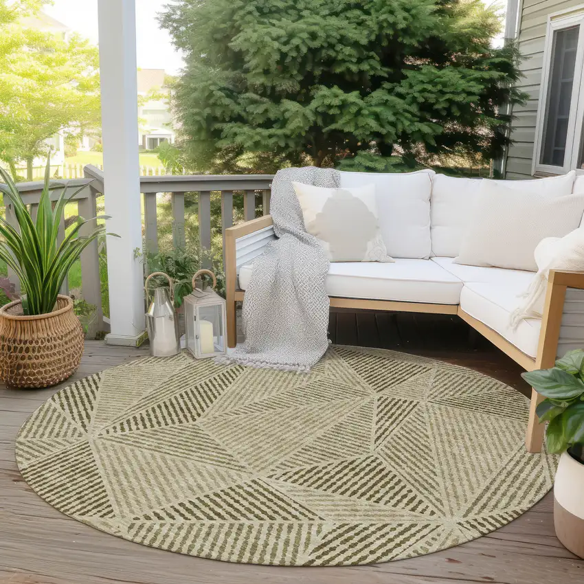 8' Khaki Brown And Beige Round Geometric Washable Indoor Outdoor Area Rug Photo 5
