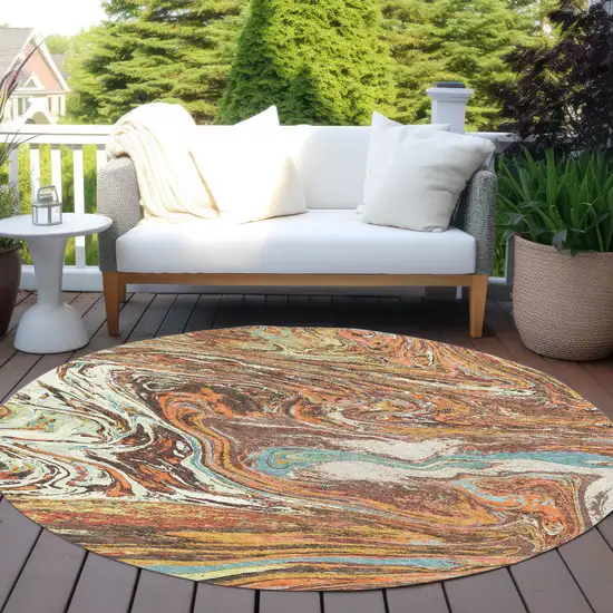 8' Khaki Brown And Blue Round Abstract Washable Indoor Outdoor Area Rug Photo 8