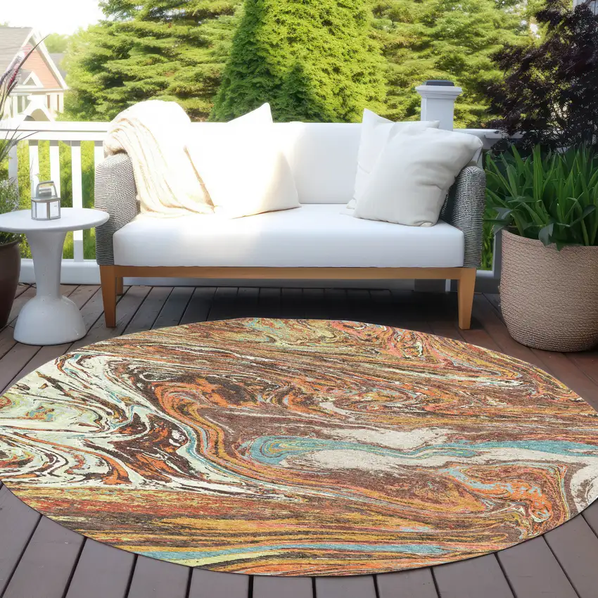 8' Khaki Brown And Blue Round Abstract Washable Indoor Outdoor Area Rug Photo 8
