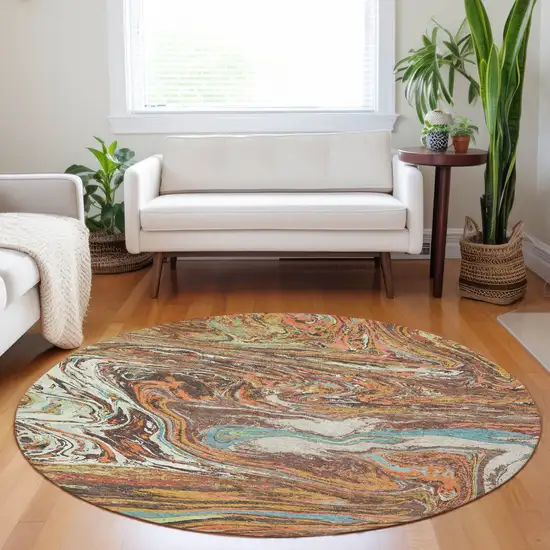 8' Khaki Brown And Blue Round Abstract Washable Indoor Outdoor Area Rug Photo 9