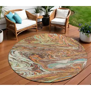 Photo of 8' Khaki Brown And Blue Round Abstract Washable Indoor Outdoor Area Rug