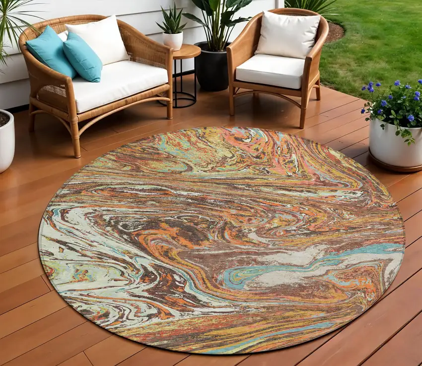 8' Khaki Brown And Blue Round Abstract Washable Indoor Outdoor Area Rug Photo 1