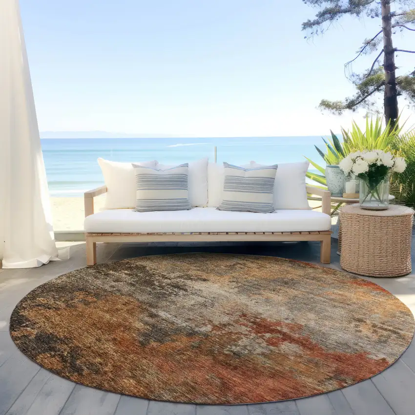 8' Khaki Brown And Copper Round Abstract Washable Indoor Outdoor Area Rug Photo 6
