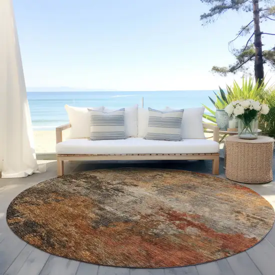 8' Khaki Brown And Copper Round Abstract Washable Indoor Outdoor Area Rug Photo 6