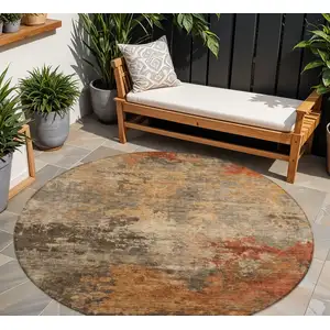 Photo of 8' Khaki Brown And Copper Round Abstract Washable Indoor Outdoor Area Rug