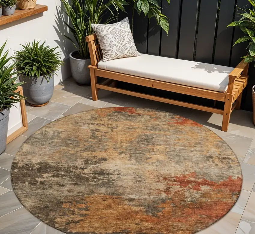 8' Khaki Brown And Copper Round Abstract Washable Indoor Outdoor Area Rug Photo 1