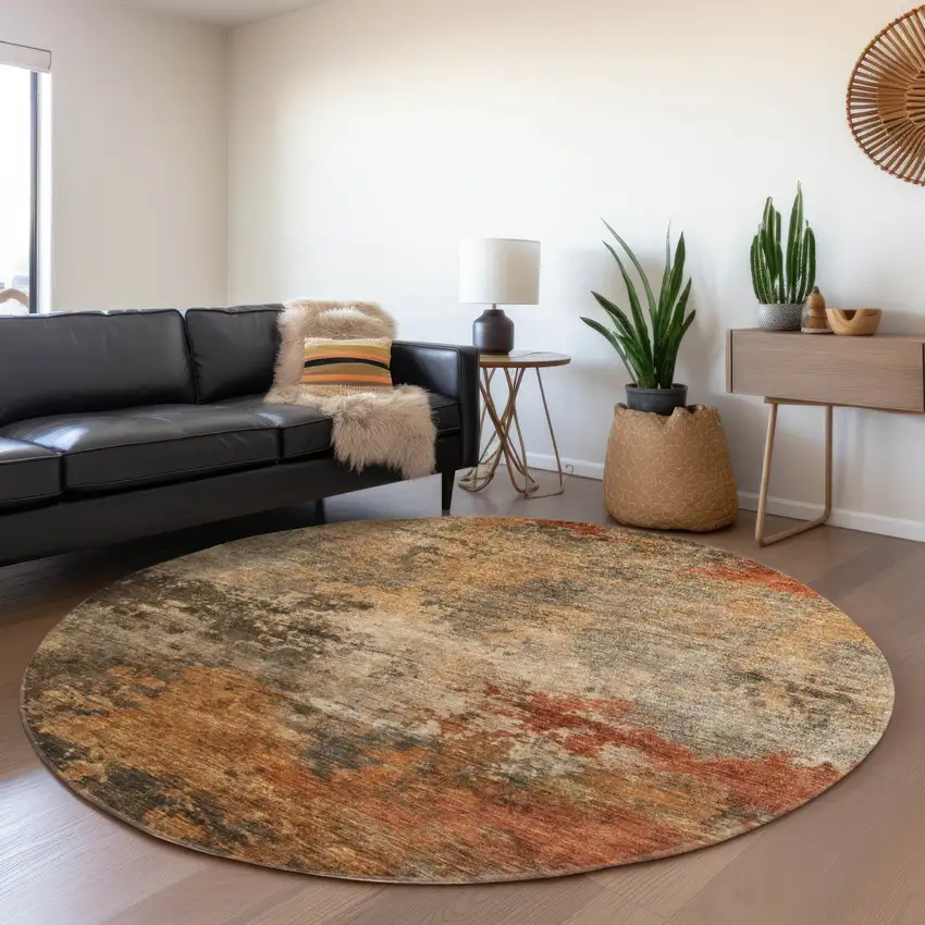 8' Khaki Brown And Copper Round Abstract Washable Indoor Outdoor Area Rug Photo 7