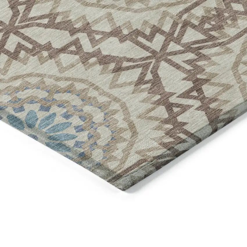 8' Khaki Brown And Taupe Round Floral Medallion Washable Indoor Outdoor Area Rug Photo 4